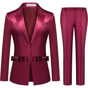 🆕Women Red 2 Piece Side Bows One Button Blazer Jackets and Pants Set Outfits